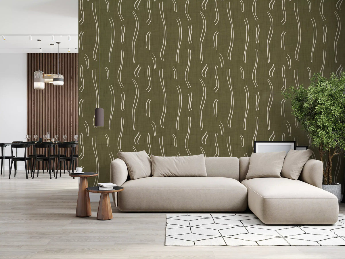 Tapeten mit welligem Streifenmuster in Olivgrün, Mid-Century-Stil