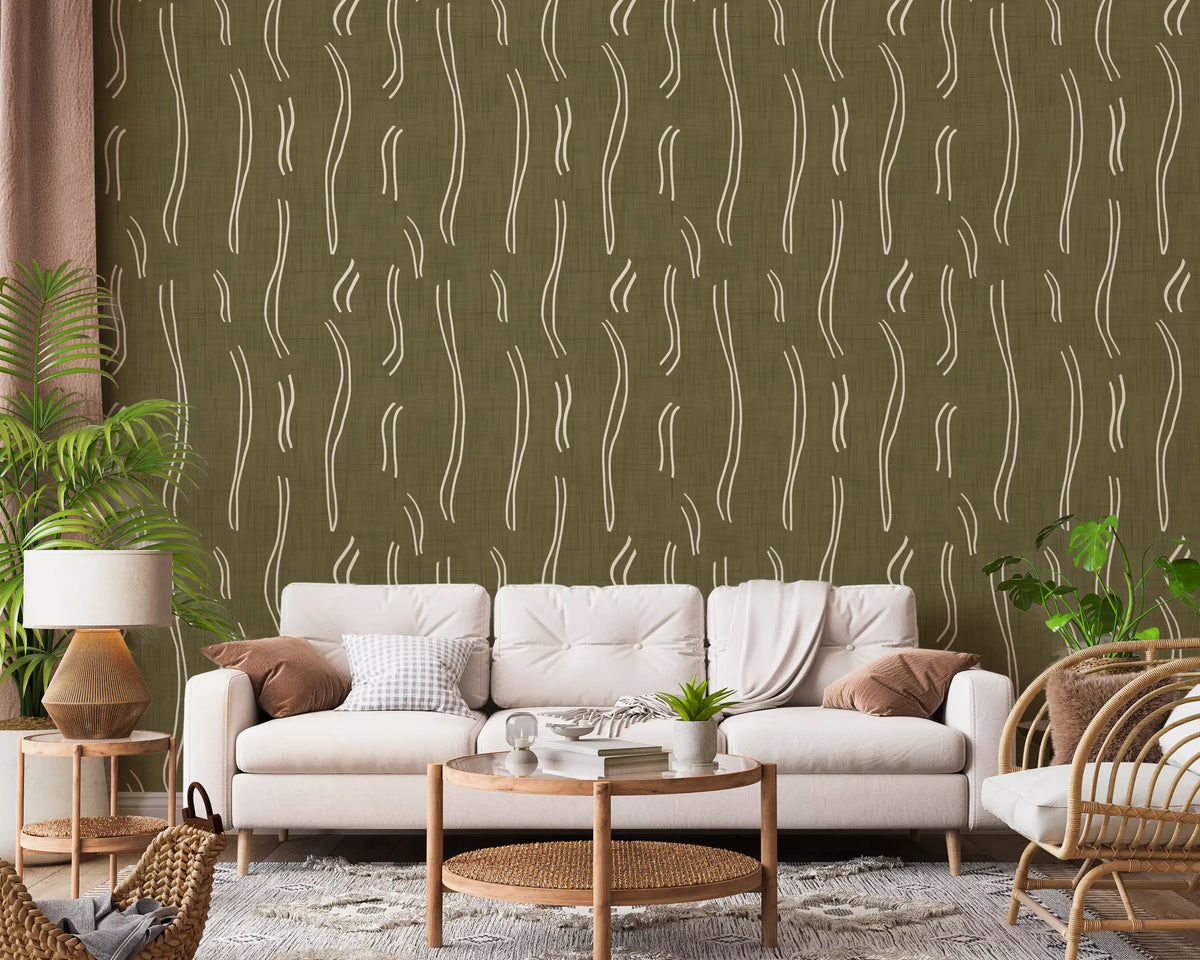 Tapeten mit welligem Streifenmuster in Olivgrün, Mid-Century-Stil