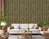 Tapeten mit welligem Streifenmuster in Olivgrün, Mid-Century-Stil