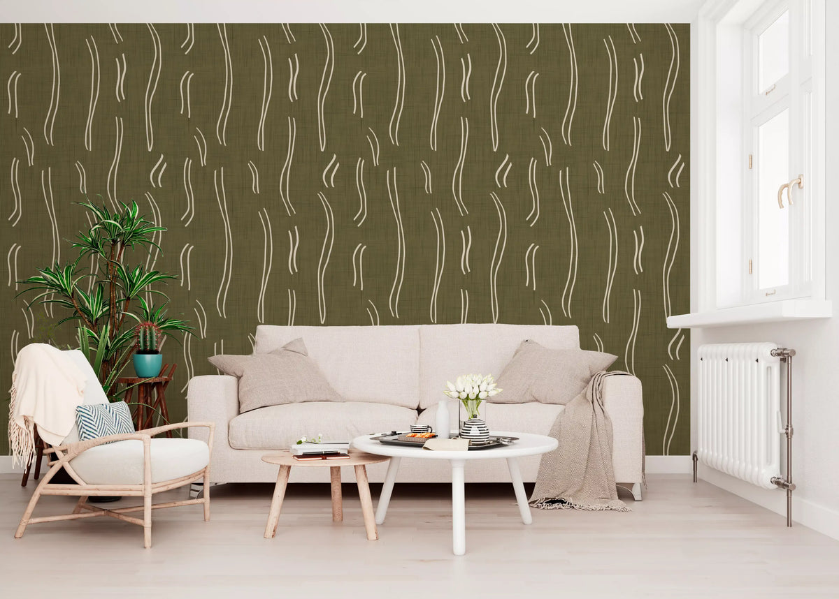 Tapeten mit welligem Streifenmuster in Olivgrün, Mid-Century-Stil