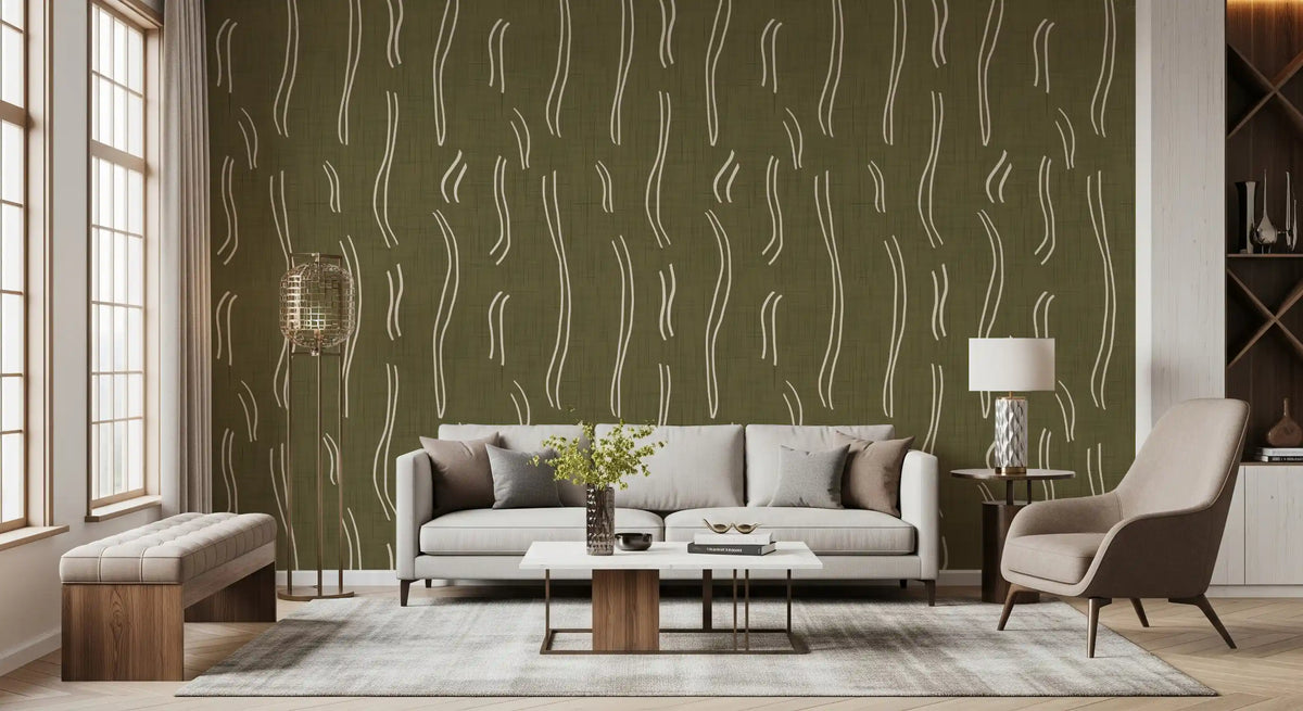 Tapeten mit welligem Streifenmuster in Olivgrün, Mid-Century-Stil
