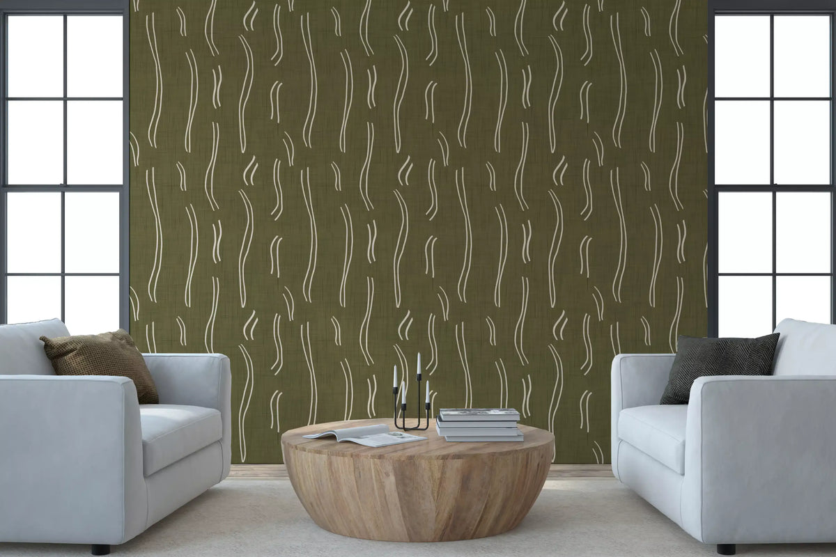 Tapeten mit welligem Streifenmuster in Olivgrün, Mid-Century-Stil