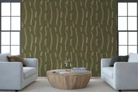 Tapeten mit welligem Streifenmuster in Olivgrün, Mid-Century-Stil