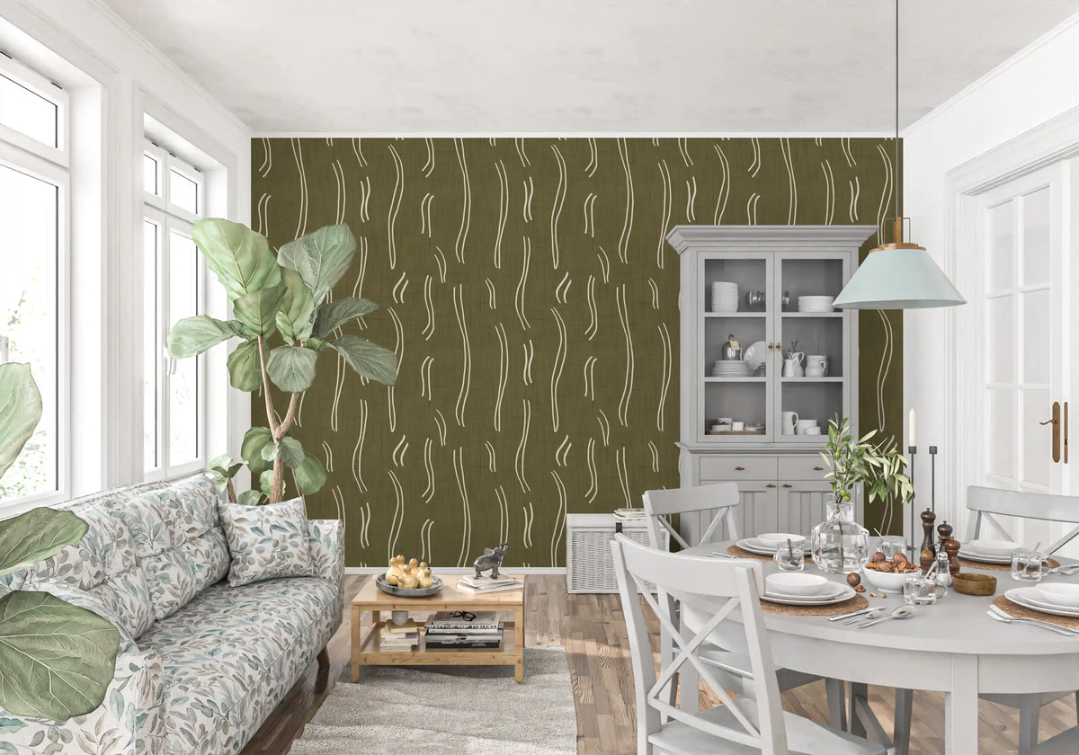 Tapeten mit welligem Streifenmuster in Olivgrün, Mid-Century-Stil