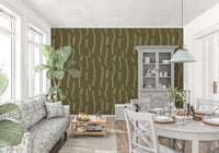 Tapeten mit welligem Streifenmuster in Olivgrün, Mid-Century-Stil