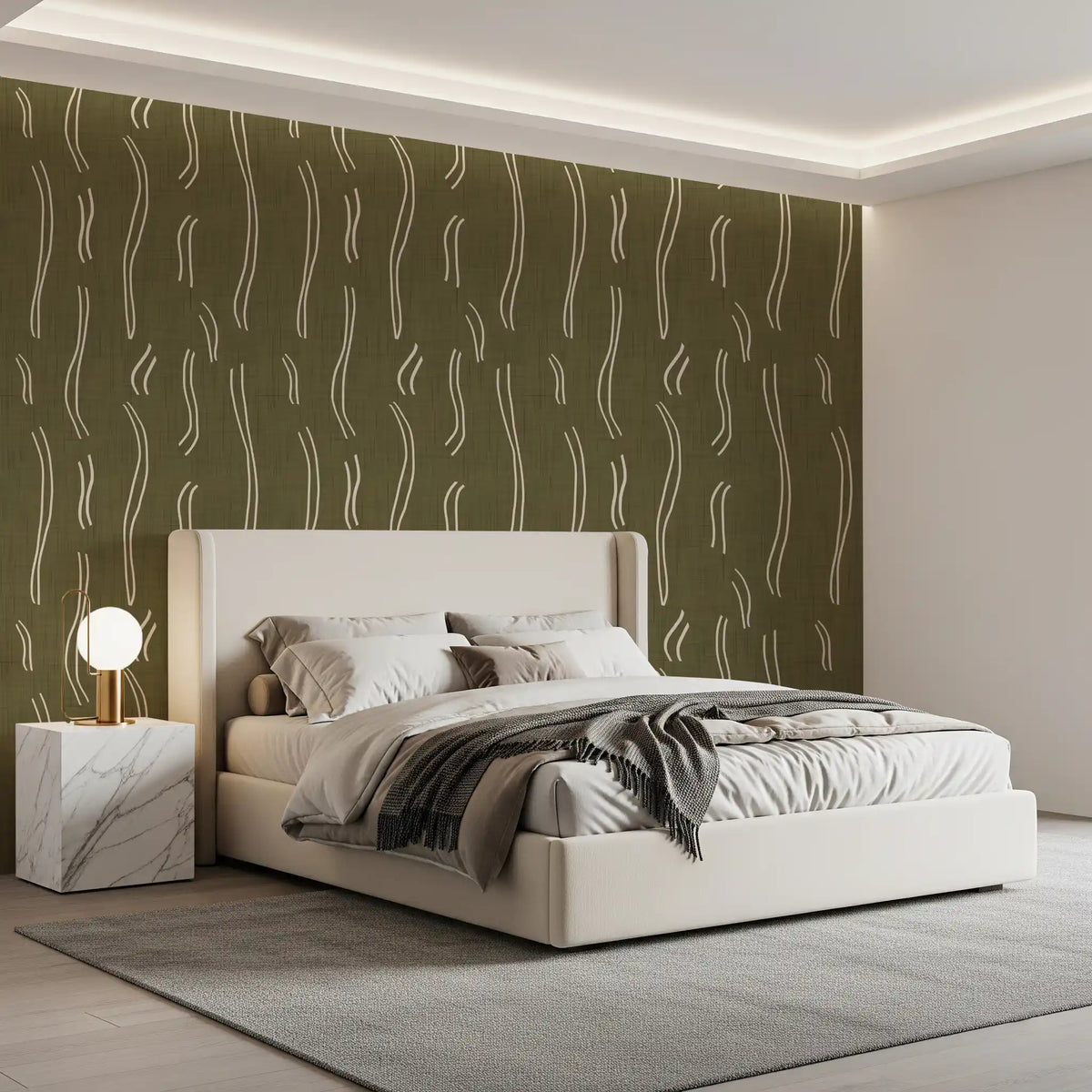 Tapeten mit welligem Streifenmuster in Olivgrün, Mid-Century-Stil