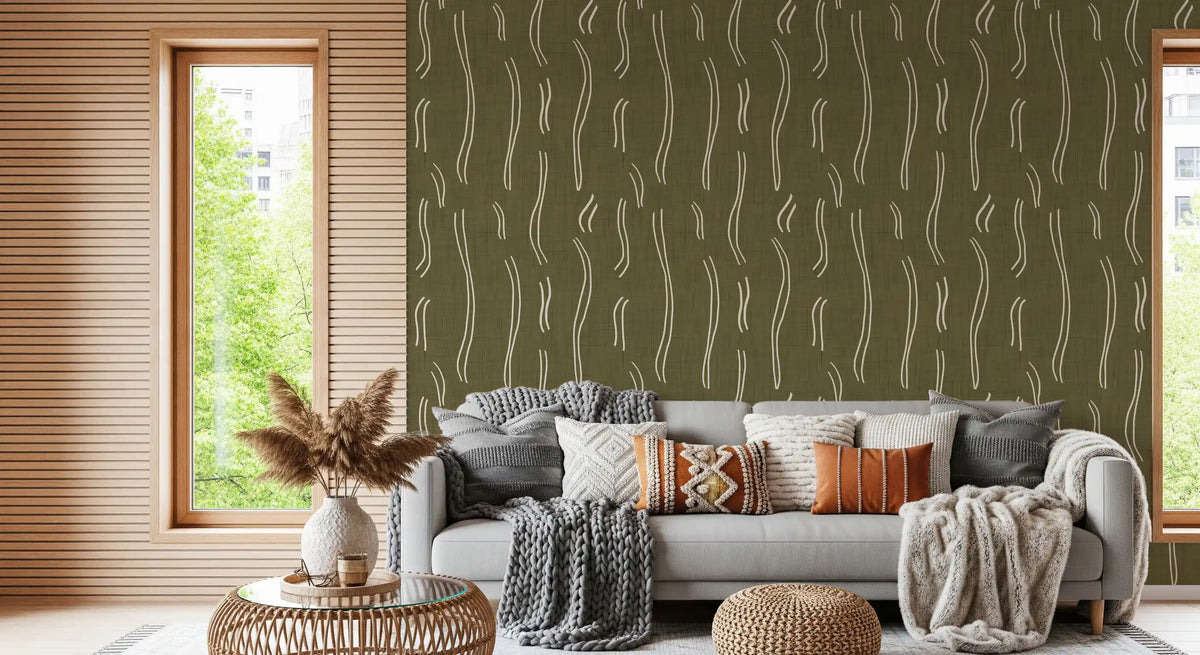 Tapeten mit welligem Streifenmuster in Olivgrün, Mid-Century-Stil