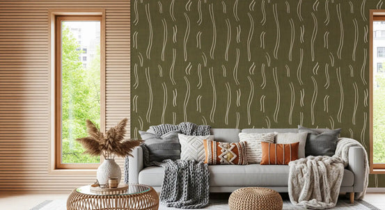 Tapeten mit welligem Streifenmuster in Olivgrün, Mid-Century-Stil