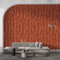 Carta da parati a righe ondulate rosso ruggine, stile mid-century