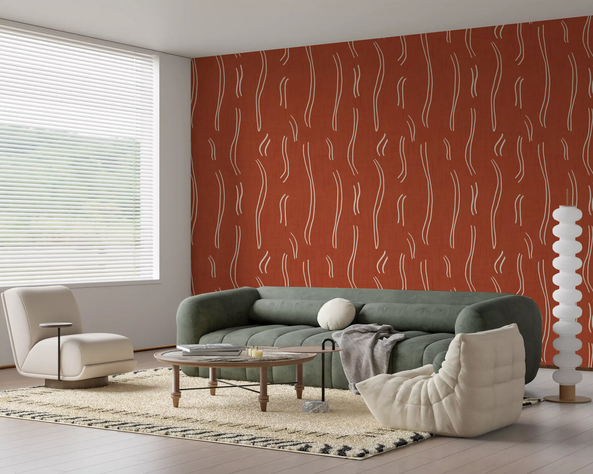 Carta da parati a righe ondulate rosso ruggine, stile mid-century