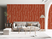 Carta da parati a righe ondulate rosso ruggine, stile mid-century