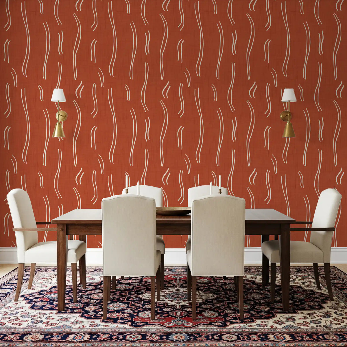 Carta da parati a righe ondulate rosso ruggine, stile mid-century