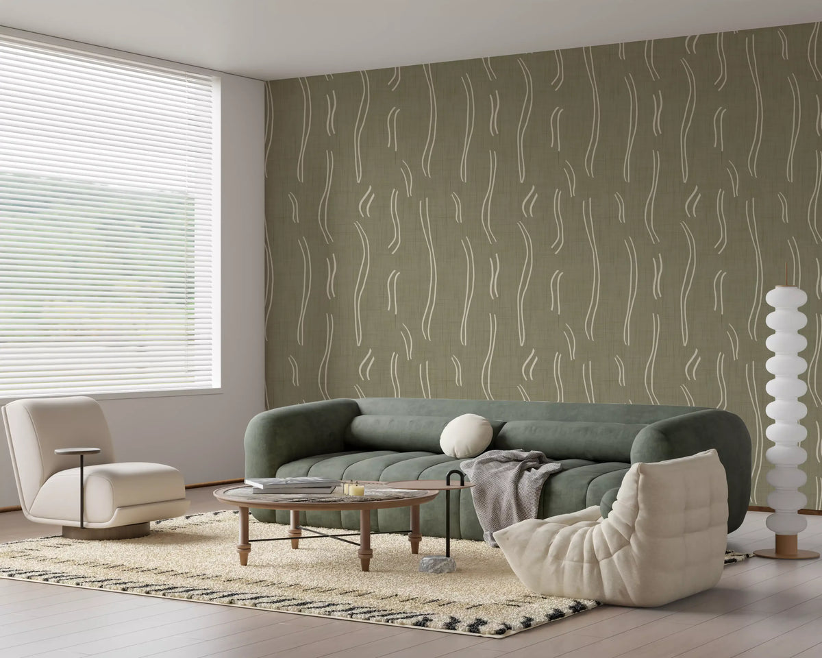 Tapet med bølgede striber i salviegrøn, mid-century-stil⁠