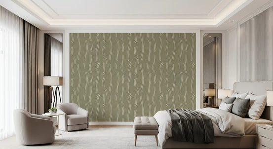 Tapeten mit welligen Streifen in Salbeigrün, Mid-Century-Stil⁠