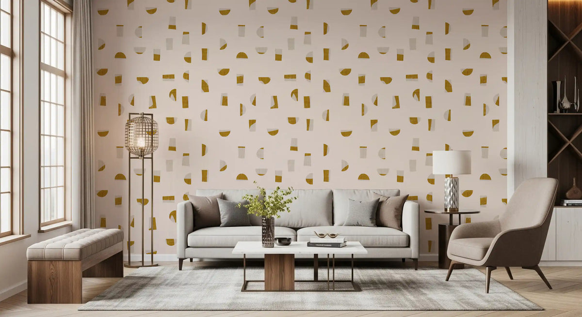 Papier peint à formes abstraites crème et moutarde, style milieu du siècle⁠