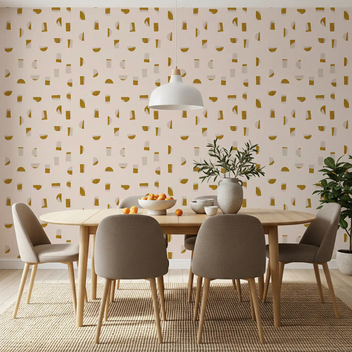 Papier peint à formes abstraites crème et moutarde, style milieu du siècle⁠