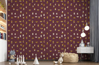 Burgunderrote Tapete mit abstrakten Formen im Mid-Century-Stil⁠