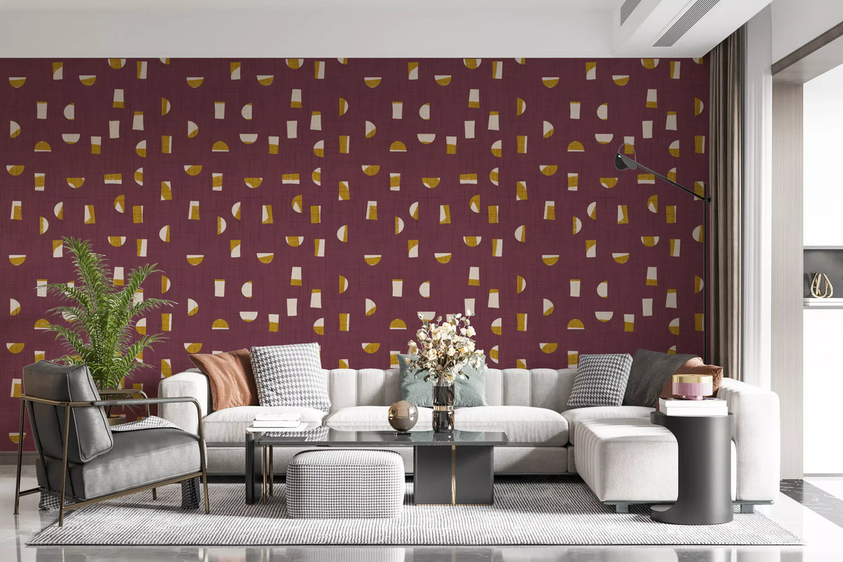 Burgunderrote Tapete mit abstrakten Formen im Mid-Century-Stil⁠