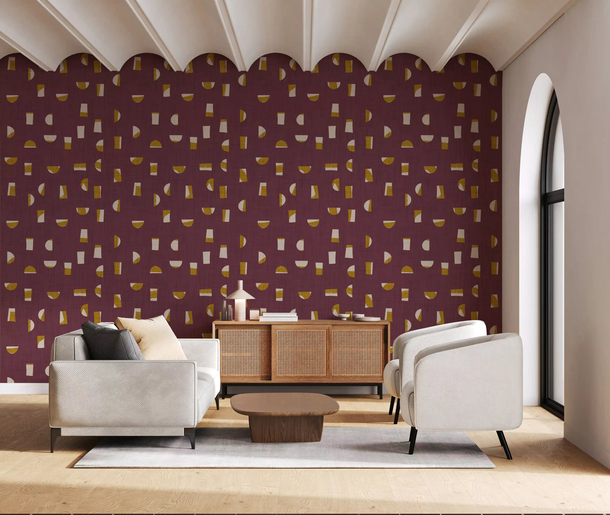 Burgunderrote Tapete mit abstrakten Formen im Mid-Century-Stil⁠
