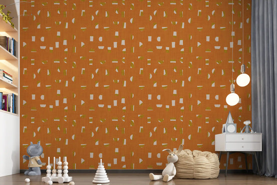 Terrakottafarbene Tapete mit abstrakten Formen im Mid-Century-Stil⁠