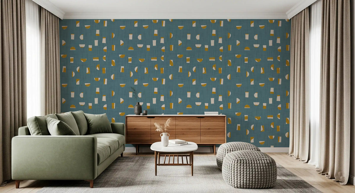 Murretun sinivihreä abstraktien muotojen tapetti, mid-century-tyyli⁠