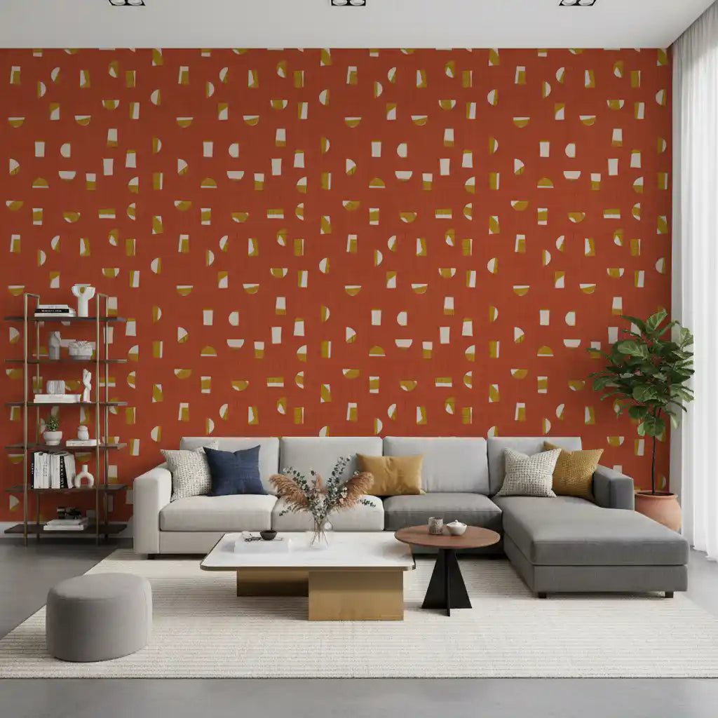 Papel de parede com formas abstratas em vermelho ferrugem, estilo de meados do século XX⁠