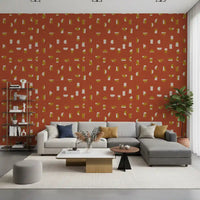 Papel de parede com formas abstratas em vermelho ferrugem, estilo de meados do século XX⁠