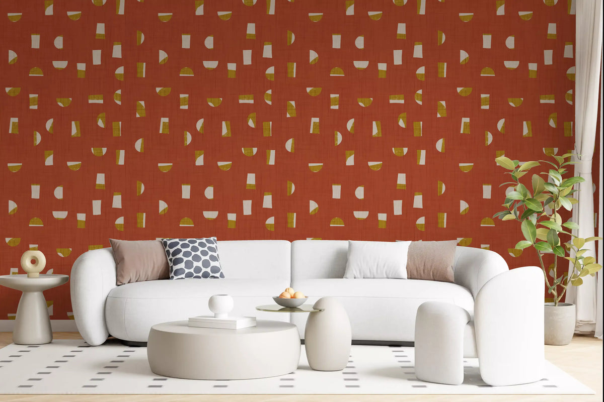 Papel de parede com formas abstratas em vermelho ferrugem, estilo de meados do século XX⁠