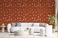 Papel de parede com formas abstratas em vermelho ferrugem, estilo de meados do século XX⁠