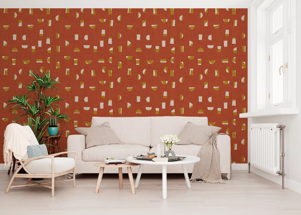 Papel de parede com formas abstratas em vermelho ferrugem, estilo de meados do século XX⁠