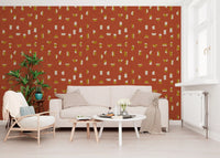 Papel de parede com formas abstratas em vermelho ferrugem, estilo de meados do século XX⁠