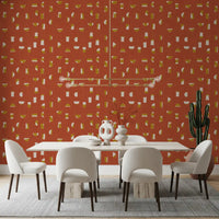 Papel de parede com formas abstratas em vermelho ferrugem, estilo de meados do século XX⁠