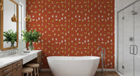 Papel de parede com formas abstratas em vermelho ferrugem, estilo de meados do século XX⁠