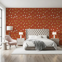 Papel de parede com formas abstratas em vermelho ferrugem, estilo de meados do século XX⁠