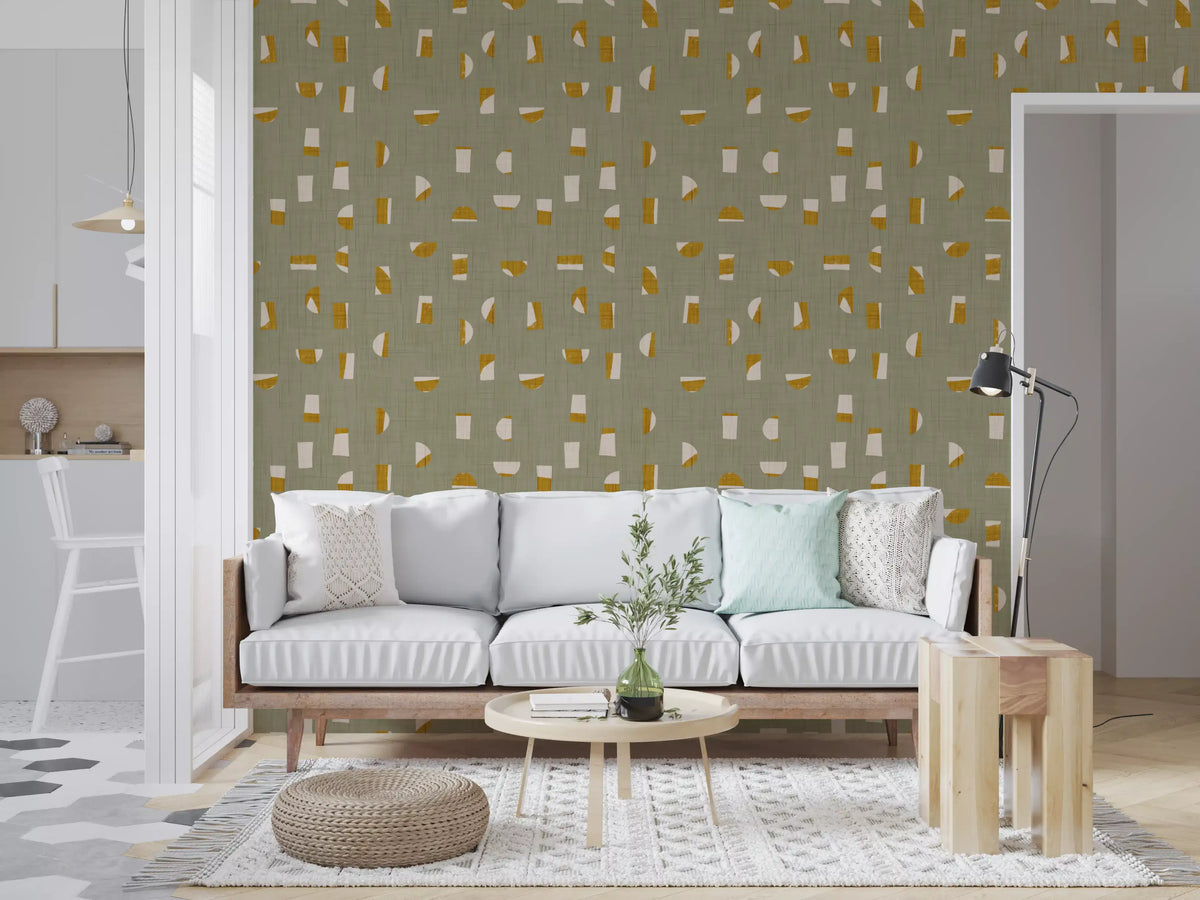 Papel de parede com formas abstratas verde-sálvia, estilo de meados do século XX⁠