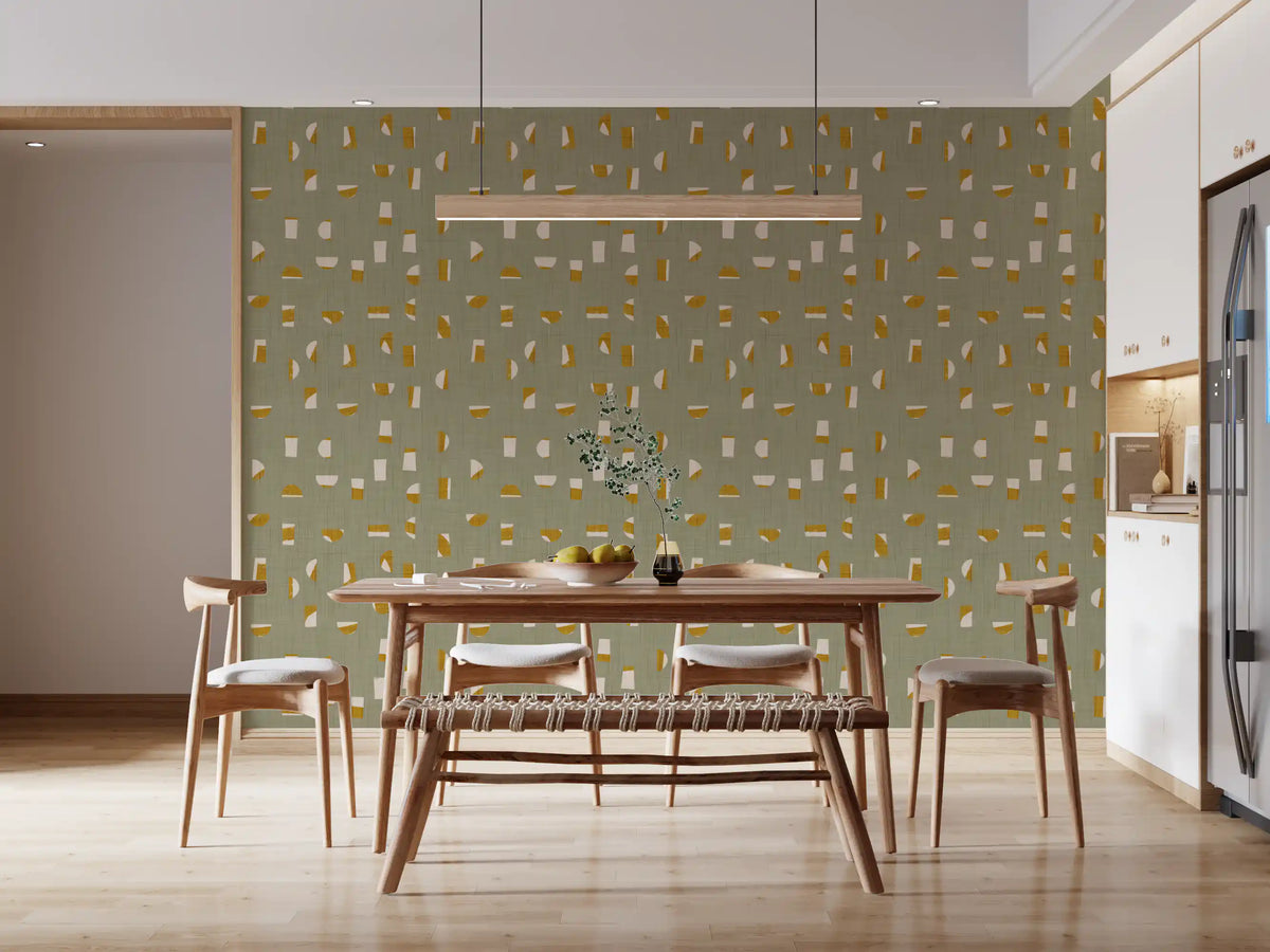 Papel de parede com formas abstratas verde-sálvia, estilo de meados do século XX⁠