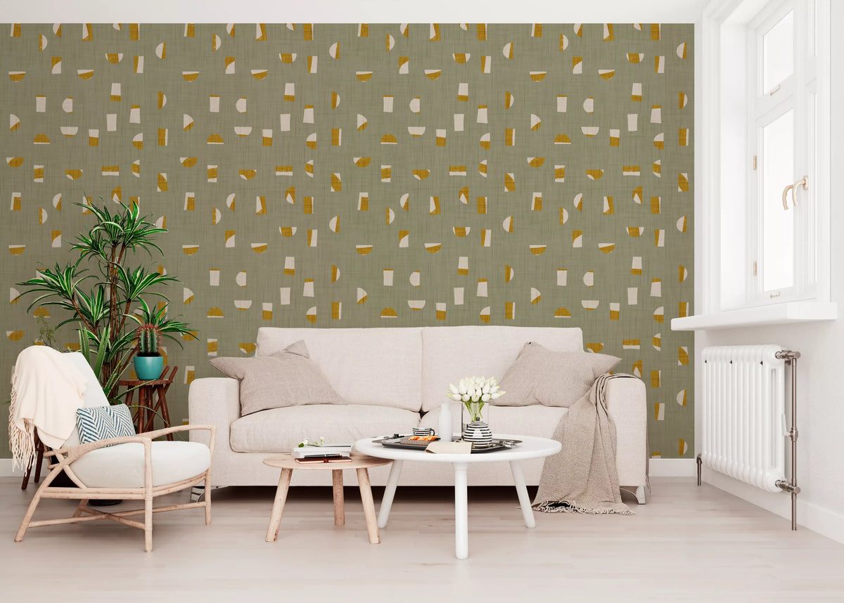 Papel de parede com formas abstratas verde-sálvia, estilo de meados do século XX⁠