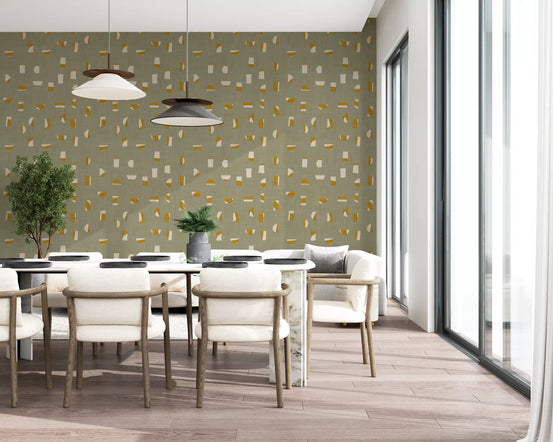Tapeten mit abstrakten Formen in Salbeigrün, Mid-Century-Stil⁠
