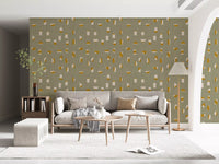 Papel de parede com formas abstratas verde-sálvia, estilo de meados do século XX⁠