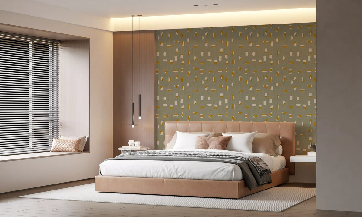 Papel de parede com formas abstratas verde-sálvia, estilo de meados do século XX⁠