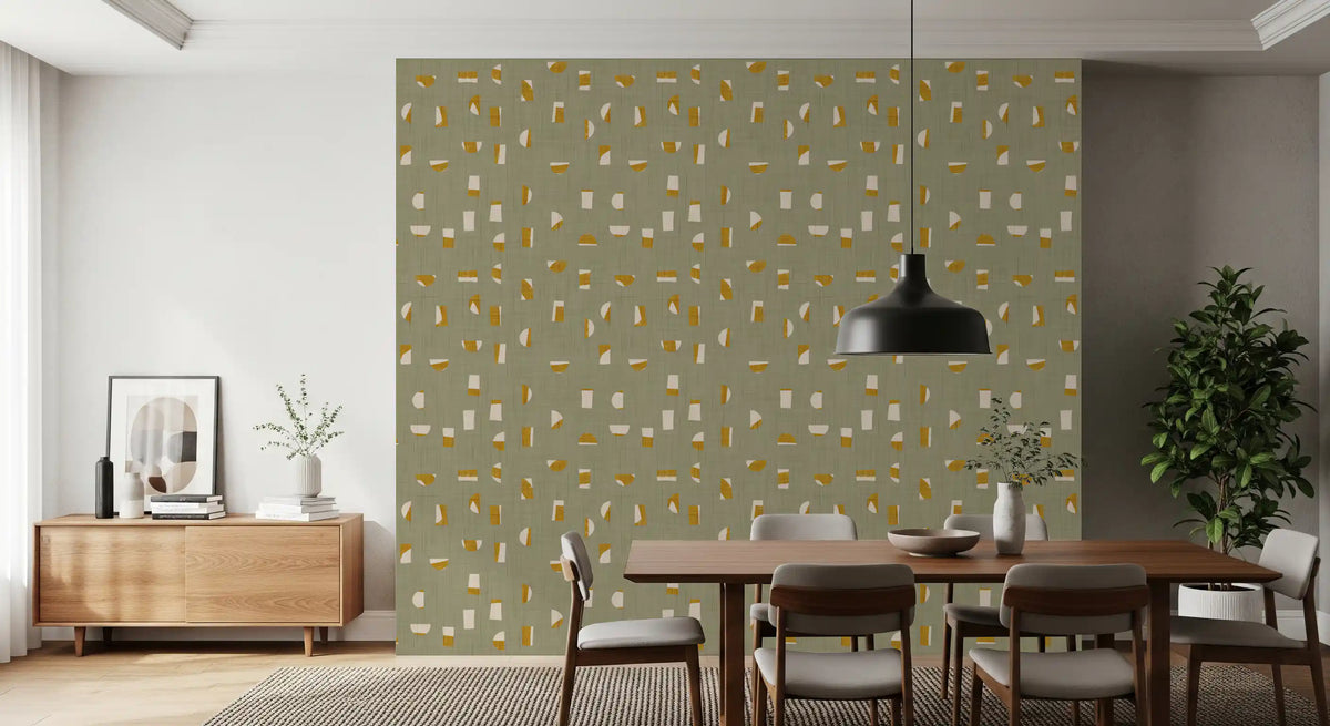 Papel de parede com formas abstratas verde-sálvia, estilo de meados do século XX⁠