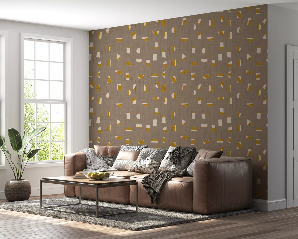 Papier peint à formes abstraites taupe chaud, style mid-century