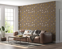 Papier peint à formes abstraites taupe chaud, style mid-century