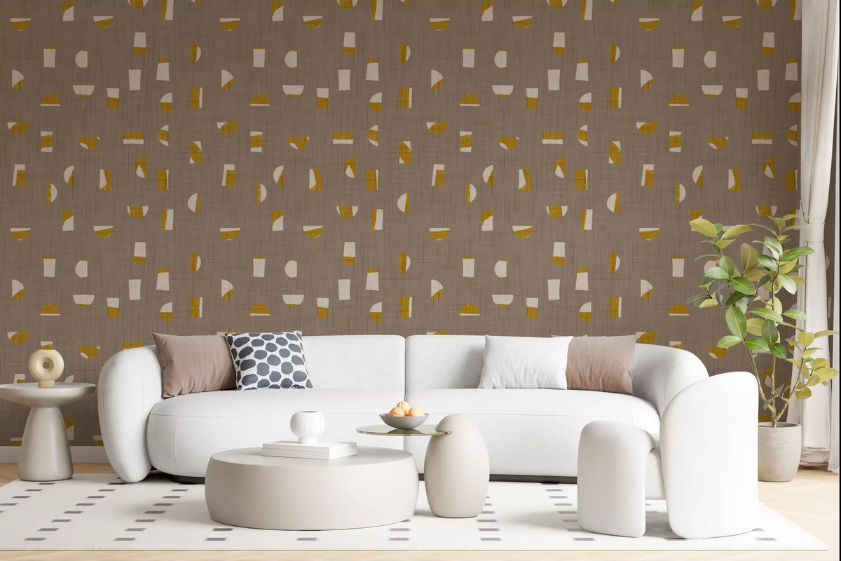 Papier peint à formes abstraites taupe chaud, style mid-century