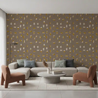 Papier peint à formes abstraites taupe chaud, style mid-century