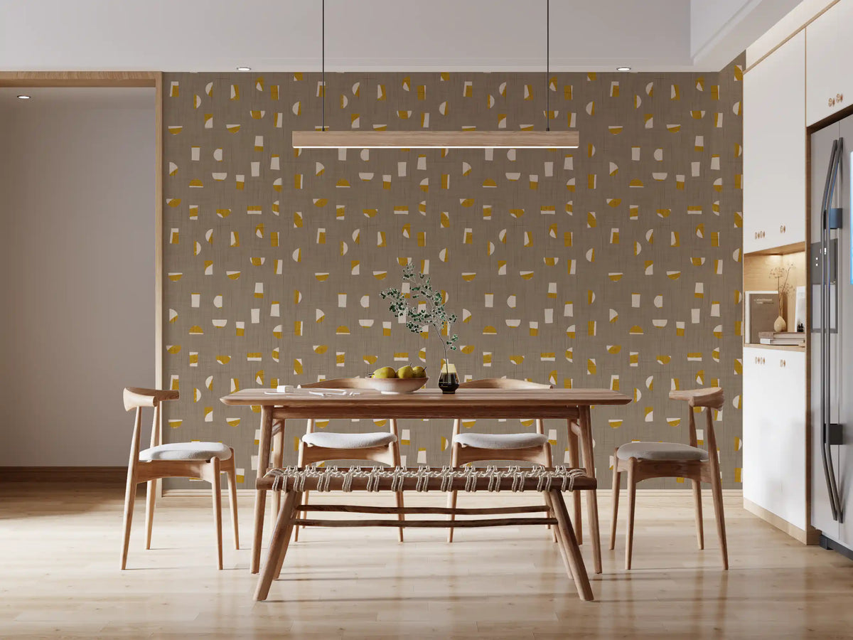 Papier peint à formes abstraites taupe chaud, style mid-century
