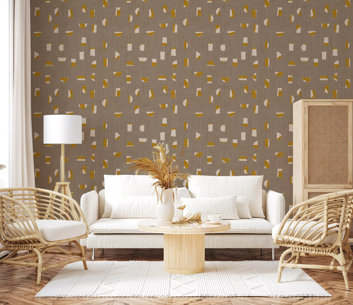 Papier peint à formes abstraites taupe chaud, style mid-century