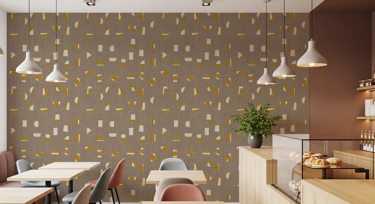 Papier peint à formes abstraites taupe chaud, style mid-century