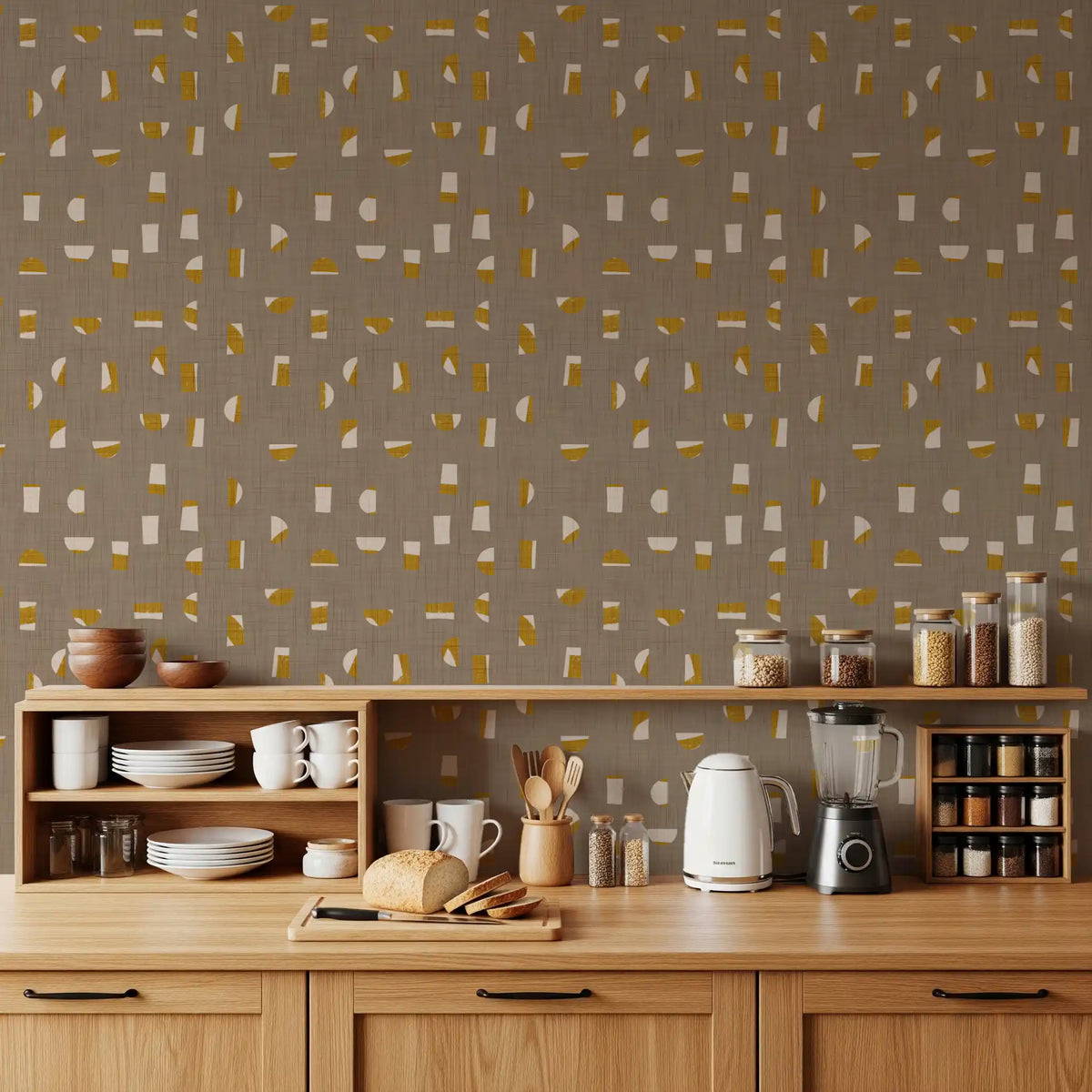 Papier peint à formes abstraites taupe chaud, style mid-century