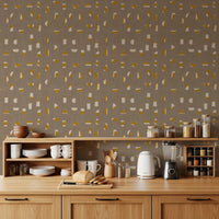 Papier peint à formes abstraites taupe chaud, style mid-century